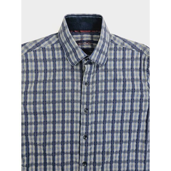 Tasso Elba Size Small 14-14.5 Men's Blue Gray Check Long Sleeve Cotton Shirt - Picture 10 of 10